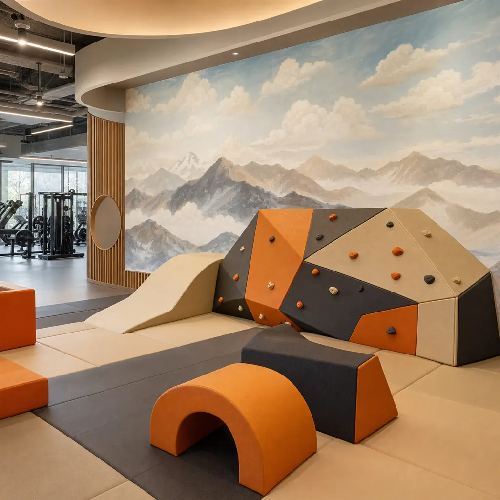 Estancia infantil con área de juego acolchada y mural estilo anime