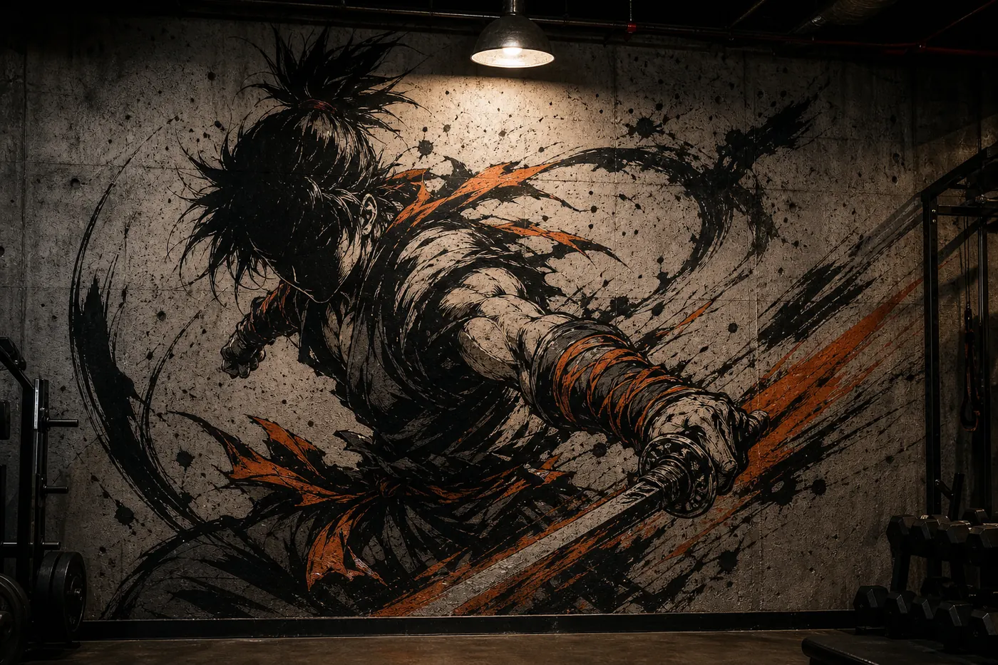 Mural de anime en tinta negra y naranja sobre pared de concreto
