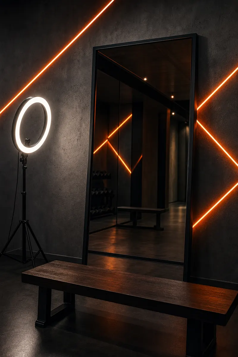Sala para fotos con aro de luz y pared de neón naranja