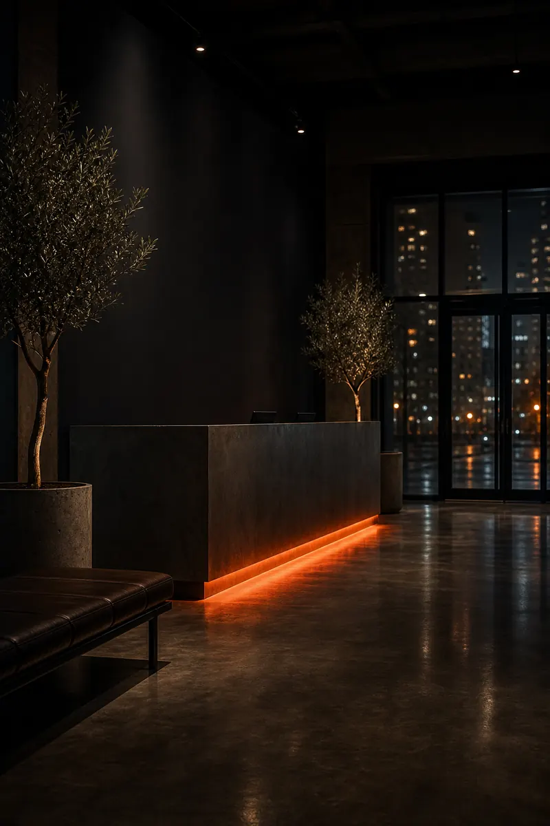 Recepción del gimnasio con mostrador de concreto iluminado en naranja