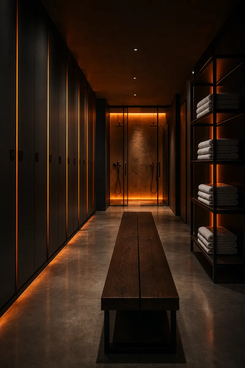 Vestidores con lockers negros iluminados y regaderas al fondo